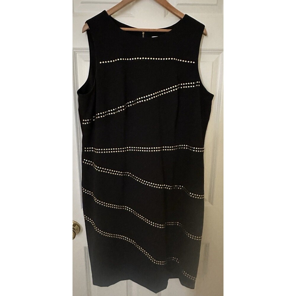 Calvin Klein Black Sleeveless Sheath Dress Gold Metallic Studs Lined Size 16W